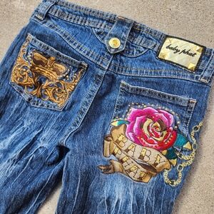 Y2K BABY PHAT Blue Jean Capris with Bling Gold, Pink, Teal Accents, Girl Sz 12‎